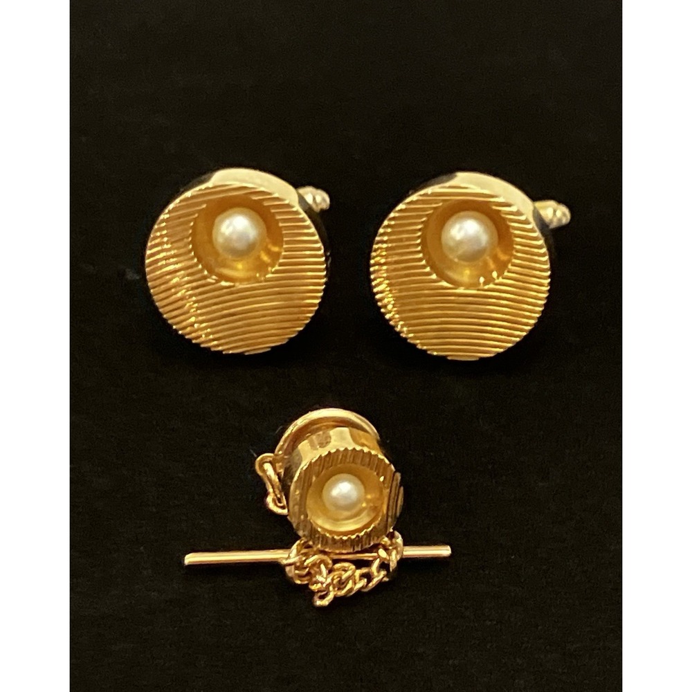 Hickok Vintage Sunburst Cufflinks Tie Tack Set Gold Tone Faux Pearl Menswear USA